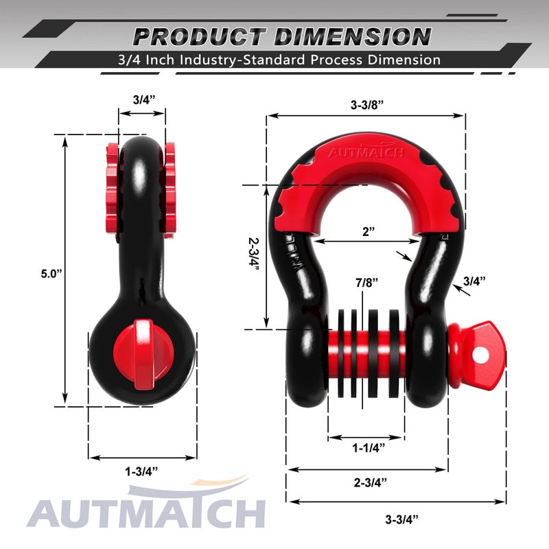 AUTMATCH D Ring تكبل 3/4 بوصة (عبوة من قطعتين) قوة كسر 41,887 رطل، تكبل Clevis مع دبوس لولبي 7/8 بوصة ومجموعة غسالات عازلة لحزام السحب ونش استعادة المركبات على الطرق الوعرة، أسود وأحمر - Image 3